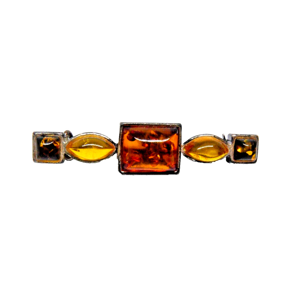 925 Sterling Silver Honey Green Orange/Cognac Amber Resin Pin Brooch Vintage